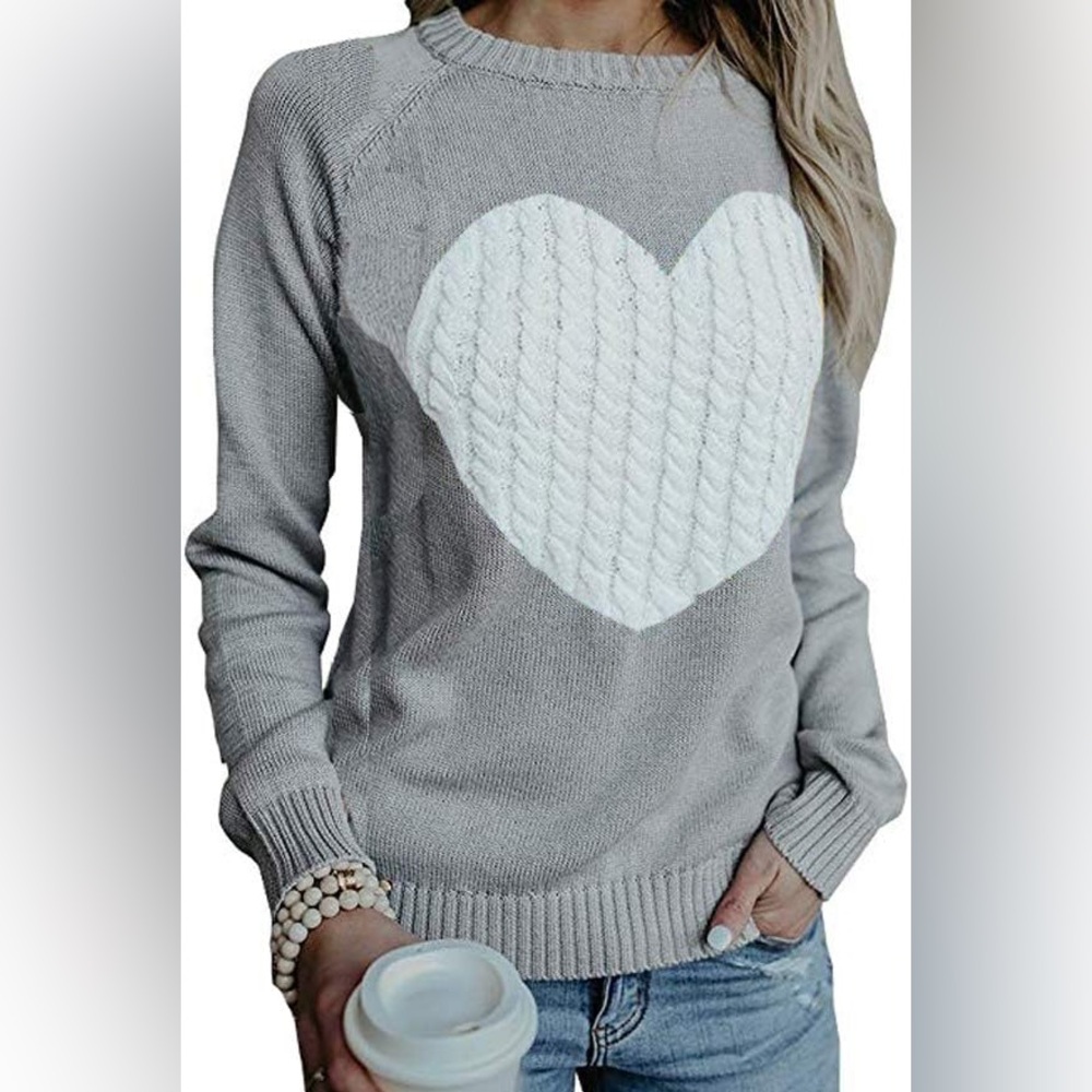 Women's Sweater Heart Knitted Pullover Sweaters Long Sleeve Crewneck